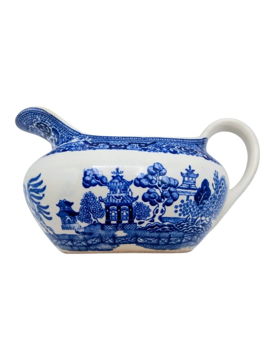 Blue Willow Gravy Boat Transferware Ironstone Sauce Pitcher 8” Vintage